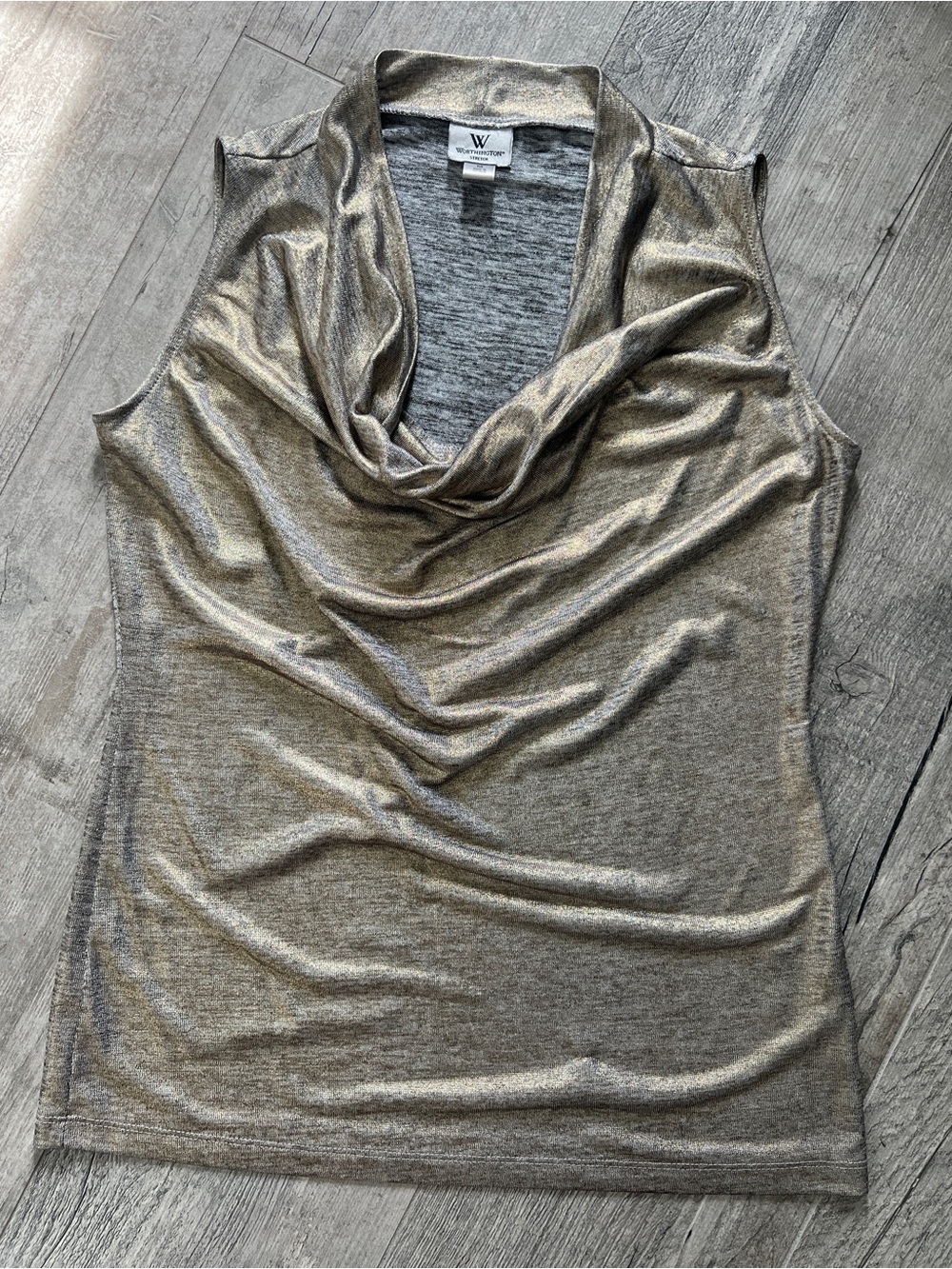 Worthington Vintage Gold Metallic Stretch Top with Cowneck Sz M